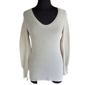 Cabincore Inhabit M Cream Waffle Thin Knit Neutral Sweater V-neck Minimalist